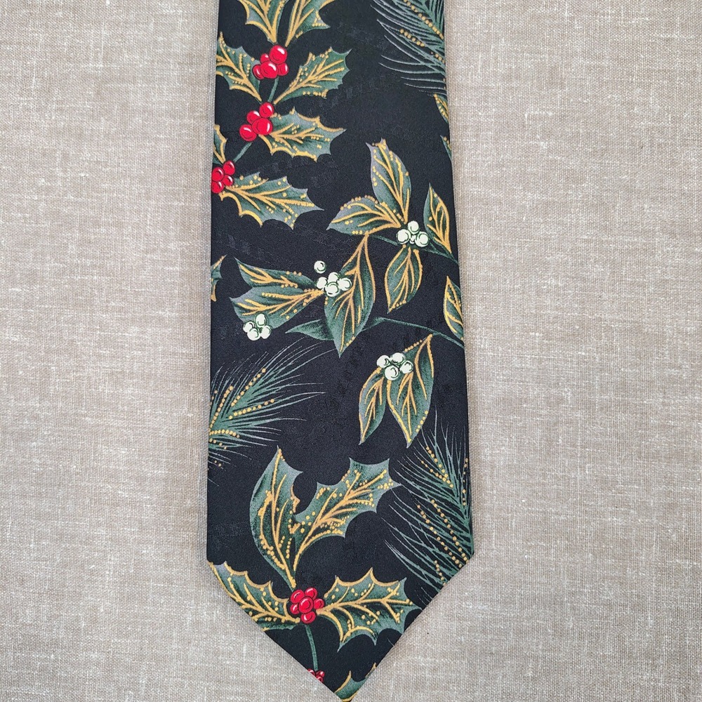 Hallmark Mens OS Holly Berry Christmas Tie Black Multicolor Botanical Festive